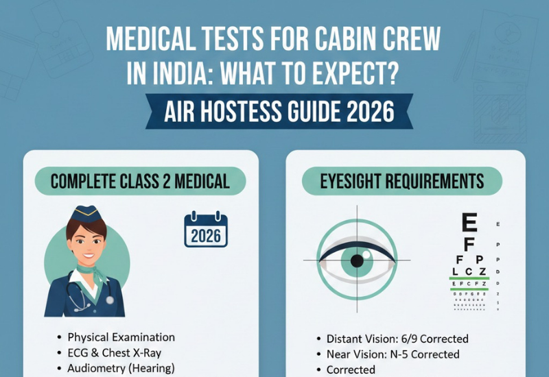 Medical Tests for Cabin Crew: What to Expect? Complete Class 2 Medical & Eyesight for Air Hostess Guide 2026 - Cabin Crew career guide from Wings Institute Vadodara Gujarat